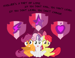 Size: 1024x791 | Tagged: safe, artist:artismagick, apple bloom, scootaloo, sweetie belle, earth pony, pegasus, pony, unicorn, g4, cutie mark, cutie mark crusaders, deviantart watermark, horn, obtrusive watermark, open mouth, positive message, simple background, the cmc's cutie marks, trio, watermark