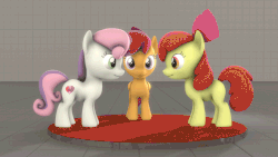 Size: 660x371 | Tagged: safe, artist:gen-ma, apple bloom, scootaloo, sweetie belle, g4, 3d, animated, cutie mark, cutie mark crusaders, female, source filmmaker, stage.bsp, the cmc's cutie marks