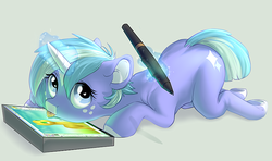 Size: 800x473 | Tagged: safe, artist:zalvar, oc, oc only, oc:sonia, pony, unicorn, pen, solo, tablet, tongue out