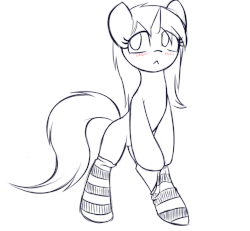 Size: 793x732 | Tagged: artist needed, safe, oc, oc only, pony, unicorn, bipedal, blank flank, blushing, clothes, frown, gif, non-animated gif, socks, solo, striped socks
