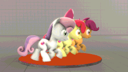 Size: 660x371 | Tagged: safe, artist:gen-ma, apple bloom, scootaloo, sweetie belle, g4, 3d, animated, cutie mark, cutie mark crusaders, female, source filmmaker, stage.bsp, the cmc's cutie marks