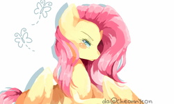 Size: 1600x960 | Tagged: safe, artist:yioyio, fluttershy, butterfly, g4, crying, female, simple background, solo, white background