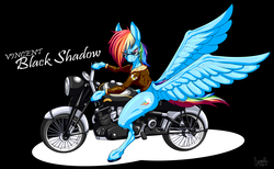 Size: 3511x2157 | Tagged: safe, artist:gun-modoki, rainbow dash, g4, bomber jacket, bottomless, clothes, female, high res, large wings, motorcycle, solo, sunglasses, unshorn fetlocks, vincent black shadow
