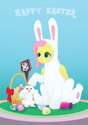 Size: 1800x2546 | Tagged: safe, artist:alexyorim, angel bunny, fluttershy, g4, 2016, angel bunny is not amused, bunny costume, clothes, costume, easter, easter bunny, easter egg, vector