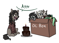 Size: 977x711 | Tagged: safe, artist:redxbacon, oc, oc only, oc:nikita, oc:nips, oc:rem, oc:tija, original species, pony, snake pony, birthday, box, cake, dialogue, food, pony in a box