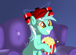 Size: 1800x1300 | Tagged: safe, artist:soulfulmirror, lyra heartstrings, g4, cap, drinking hat, female, food, hat, hype, irrational exuberance, popcorn, smiling, solo