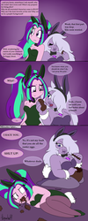 Size: 1000x2500 | Tagged: safe, artist:queentigrel, aria blaze, gem (race), equestria girls, g4, amethyst, amethyst (steven universe), bare shoulders, breaking the fourth wall, bunny suit, clothes, crossover, duo, duo female, female, gem, purple, purple background, quartz, simple background, sleeveless, steven universe, strapless
