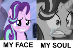 Size: 1200x807 | Tagged: safe, starlight glimmer, g4, the crystalling, blushing, crying, crying inside, frown, grin, gritted teeth, image macro, meme, ptsd glimmer, smiling, wide eyes