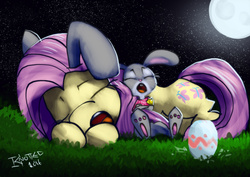 Size: 1000x707 | Tagged: safe, artist:clopplots, fluttershy, g4, bunny ears, crossover, easter, easter egg, judy hopps, moon, night, prone, sleeping, snoring, zootopia