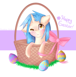 Size: 2380x2411 | Tagged: safe, artist:kurochhi, oc, oc only, pony, unicorn, basket, easter, easter egg, floppy ears, high res, pony in a basket, solo
