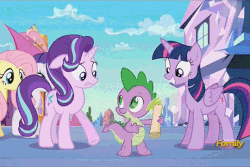 Size: 540x360 | Tagged: safe, edit, edited screencap, screencap, fluttershy, rarity, spike, starlight glimmer, twilight sparkle, alicorn, pony, g4, the crystalling, animated, discovery family logo, facehoof, facepalm, female, mare, smiling, the naked gun, twilight sparkle (alicorn)