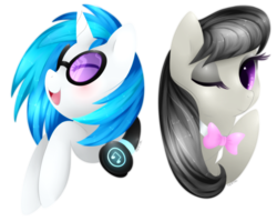 Size: 1024x816 | Tagged: safe, artist:xeella, dj pon-3, octavia melody, vinyl scratch, g4, headphones, wink