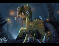 Size: 1173x926 | Tagged: dead source, safe, artist:ruhje, oc, oc:starlight, butterfly, firefly (insect), pegasus, pony, archway, commission, female, garden, glowing, mare, night