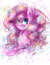 Size: 1000x1300 | Tagged: safe, artist:karmamoonshadow, pinkie pie, g4, bubble, female, smiling, solo