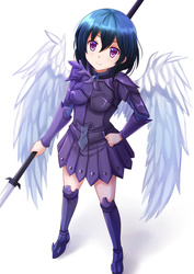 Size: 752x1063 | Tagged: safe, artist:kazenokaze, oc, oc only, oc:sentoki, human, armor, humanized, solo, spear, weapon, winged humanization