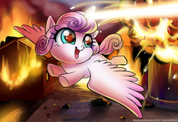 Size: 900x614 | Tagged: safe, artist:racoonsan, princess flurry heart, alicorn, pony, g4, the crystalling, bad flurry!, cute, destruction, evil flurry heart, female, fire, flurry heart ruins everything, flurrybetes, flying, foal, grimcute, happy, magic, magic blast, open mouth, pure unfiltered evil, red eyes, red eyes take warning, solo, some mares just want to watch the world burn, that baby sure does love mayhem, this will end in tears and/or death, tongue out, weapons-grade cute, xk-class end-of-the-world scenario