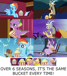 Size: 790x895 | Tagged: safe, edit, edited screencap, screencap, discord, dumbbell, hoops, rainbow dash, spike, starlight glimmer, twilight sparkle, draconequus, dragon, pegasus, pony, unicorn, over a barrel, princess twilight sparkle (episode), season 1, season 2, season 3, season 4, season 5, season 6, the crystalling, the cutie re-mark, the return of harmony, too many pinkie pies, 3d glasses, beach chair, chair, colt, eating, excited, female, filly, filly rainbow dash, foal, food, image macro, lidded eyes, male, mare, meme, open mouth, popcorn, popcorn buddies, sitting, younger