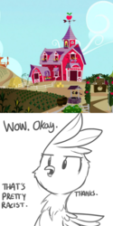 Size: 792x1584 | Tagged: safe, artist:tjpones edits, edit, screencap, twilight sparkle, alicorn, griffon, pony, g4, comic, farm, female, frown, glare, mare, open mouth, racism, racist barn, sweet apple acres, twilight sparkle (alicorn)