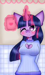 Size: 3000x5000 | Tagged: safe, artist:bunxl, twilight sparkle, unicorn, anthro, g4, arm behind back, blushing, boob window, breasts, camera, cellphone, clothes, curved horn, female, glowing horn, heart, heart eyes, heart shaped boob window, horn, magic, mirror, phone, selfie, smartphone, solo, sweater, telekinesis, unicorn twilight, wingding eyes, wink