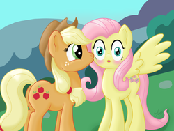 Size: 4000x3000 | Tagged: safe, artist:emberfall0507, applejack, fluttershy, earth pony, pegasus, pony, g4, cheek kiss, duo, female, kissing, lesbian, mare, ship:appleshy, shipping, surprise kiss, wingboner