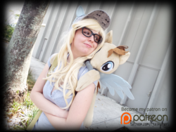 Size: 4608x3456 | Tagged: safe, artist:krazykari, derpy hooves, doctor whooves, time turner, human, g4, clothes, cosplay, costume, crossed arms, irl, irl human, patreon, patreon logo, photo, plushie, solo