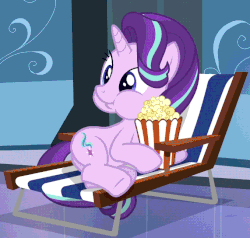 Size: 679x646 | Tagged: safe, screencap, starlight glimmer, pony, unicorn, g4, season 6, the crystalling, :t, animated, cute, eating, female, food, glimmerbetes, lying down, mare, on side, popcorn, puffy cheeks, smiling, solo, underhoof