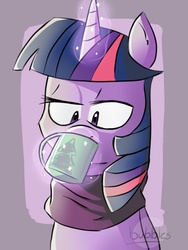 Size: 600x800 | Tagged: safe, artist:cosmic-pincel, twilight sparkle, alicorn, pony, g4, clothes, cup, female, glowing horn, horn, mare, scarf, solo, twilight sparkle (alicorn)