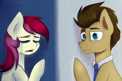 Size: 1600x1066 | Tagged: safe, artist:littlescout666, doctor whooves, roseluck, time turner, earth pony, pony, g4, crying, doctor who, female, male, ship:doctorrose, shipping, stallion, straight, the doctor