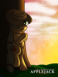 Size: 2400x3200 | Tagged: safe, artist:bluesparkks, applejack, g4, bipedal leaning, female, high res, solo, sunset, tree