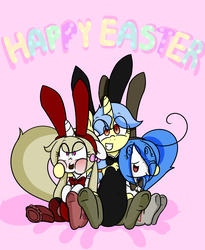 Size: 1800x2200 | Tagged: safe, artist:fullmetalpikmin, oc, oc only, oc:cherry blossom, oc:mal, oc:viewing pleasure, tumblr:ask viewing pleasure, bunny ears, bunny suit, clothes, congenital amputee, easter