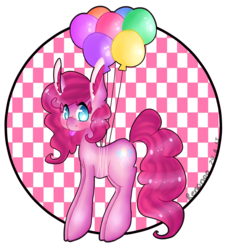 Size: 1811x2000 | Tagged: safe, artist:bunxl, pinkie pie, earth pony, pony, g4, :p, balloon, female, looking at you, mare, simple background, solo, starry eyes, then watch her balloons lift her up to the sky, tongue out, transparent background, wingding eyes