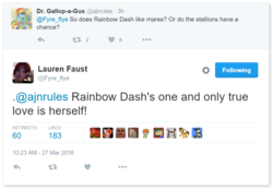 Size: 934x646 | Tagged: safe, rainbow dash, g4, blatant lies, lauren faust, meta, narcissism, shipping, text, twitter, word of faust