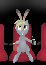 Size: 2542x3600 | Tagged: safe, artist:cyrusguildart, derpy hooves, pegasus, pony, g4, bunny ears, cinema, drink, female, food, grin, headband, high res, mare, movie, popcorn, sitting, smiling, soda, solo, zootopia