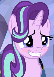 Size: 370x529 | Tagged: safe, screencap, starlight glimmer, pony, unicorn, g4, season 6, the crystalling, animated, blushing, cute, eye shimmer, female, glimmerbetes, grin, mare, nervous, smiling, solo