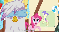 Size: 857x473 | Tagged: safe, screencap, gilda, pinkie pie, griffon, g4, griffon the brush off, blindfold, ei, implied bisexual, meme, pin the tail on the pony, youtube caption