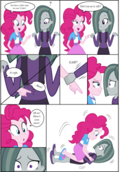 Size: 4988x6898 | Tagged: safe, artist:cesar3o0, marble pie, pinkie pie, equestria girls, g4, absurd resolution, clothes, comic, dialogue, equestria girls-ified, fetish, poking, show accurate, simple background, slippers, this will end in tickles, tickle fetish, tickling, white background