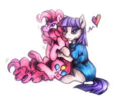 Size: 1038x836 | Tagged: safe, artist:buttersprinkle, maud pie, pinkie pie, earth pony, pony, g4, clothes, colored pencil drawing, cute, diapinkes, duo, female, heart, hug, hug from behind, mare, maudabetes, pen drawing, simple background, sisters, squeezing, suffocating, traditional art, unamused, white background