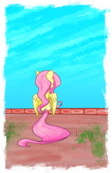 Size: 1113x1720 | Tagged: safe, artist:flamevulture17, fluttershy, g4, female, looking away, rear view, sitting, sky, solo, spread wings, wall