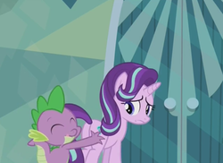 Size: 718x524 | Tagged: safe, screencap, spike, starlight glimmer, pony, unicorn, g4, the crystalling, butt, butt touch, female, frown, hand on butt, hand on hip, mare, out of context, plot, pushing, rump push, tongue out