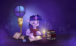 Size: 2968x1796 | Tagged: safe, artist:snowsky-s, owlowiscious, twilight sparkle, alicorn, pony, g4, book, candle, candlelight, cheek fluff, clothes, female, mare, scarf, studying, tongue out, twilight sparkle (alicorn)