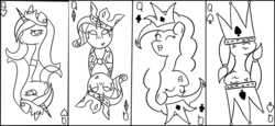 Size: 1024x473 | Tagged: safe, artist:sehtkmet, applejack, pinkie pie, princess cadance, rarity, g4, monochrome, playing card, queen of clubs, queen of diamonds, queen of hearts, queen of spades