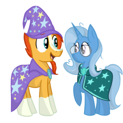 Size: 1024x1024 | Tagged: safe, artist:youtuberpone, sunburst, trixie, pony, unicorn, g4, the crystalling, accessory swap, cape, cloak, clothes, female, glasses, male, mare, messy mane, stallion, sunburst's cloak, sunburst's glasses, the great and powerful, trixie's cape, trixie's hat