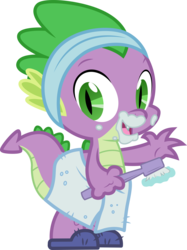 Size: 5789x7734 | Tagged: safe, artist:cloudy glow, spike, dragon, g4, the crystalling, absurd resolution, clothes, looking at you, male, naked towel, open mouth, simple background, slippers, solo, toothbrush, towel, transparent background, vector, waving at you, we don't normally wear clothes