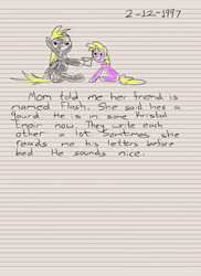Size: 2400x3300 | Tagged: safe, artist:aaronmk, derpy hooves, dinky hooves, flash sentry, pegasus, pony, g4, derpsentry, diary, dinky hooves's diary, female, high res, implied flash sentry, letter, male, mare, shipping, sitting, straight