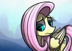 Size: 1754x1240 | Tagged: safe, artist:rambopvp, fluttershy, g4, abstract background, female, folded wings, looking away, looking down, solo, unsure, worried