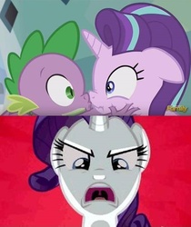 Size: 504x600 | Tagged: safe, edit, edited screencap, screencap, rarity, spike, starlight glimmer, dragon, pony, unicorn, g4, sisterhooves social, the crystalling, age difference, angry, boop, female, horn, implied shipping, implied sparity, implied straight, jealous, jealous rarity, male, noseboop, out of context, rarity is a cougar, ship:sparity, ship:sparlight, shipping, straight, this will end in tears and/or death