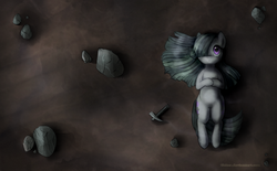 Size: 1400x870 | Tagged: safe, artist:0biter, marble pie, g4, female, hair over one eye, looking at the sky, lying down, on back, pickaxe, solo