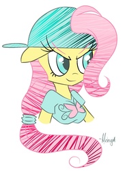 Size: 901x1193 | Tagged: safe, artist:midnightmare247, fluttershy, anthro, g4, 20% cooler, backwards ballcap, bust, cap, clothes, female, hair tie, hat, looking at something, looking away, portrait, simple background, smug, solo, t-shirt, white background