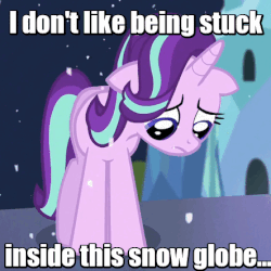 Size: 443x443 | Tagged: safe, edit, screencap, starlight glimmer, pony, g4, the crystalling, animated, crystal empire, female, floppy ears, image macro, looking down, meme, perfect loop, sad, sad face, sadlight glimmer, snow, snow globe, snowfall, solo, text
