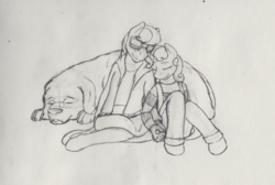 Size: 1280x858 | Tagged: safe, artist:askhoopsanddumbbell, artist:kegisak, silver spoon, sweetie belle, dog, anthro, unguligrade anthro, g4, clothes, cuddling, female, holding hands, hoodie, lesbian, overalls, ship:silverbelle, shipping, skirt, sleeping, snuggling